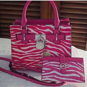 NWT Michael Kors Hamilton Zebra Print Calf Hair Satchel With Matching Wallet